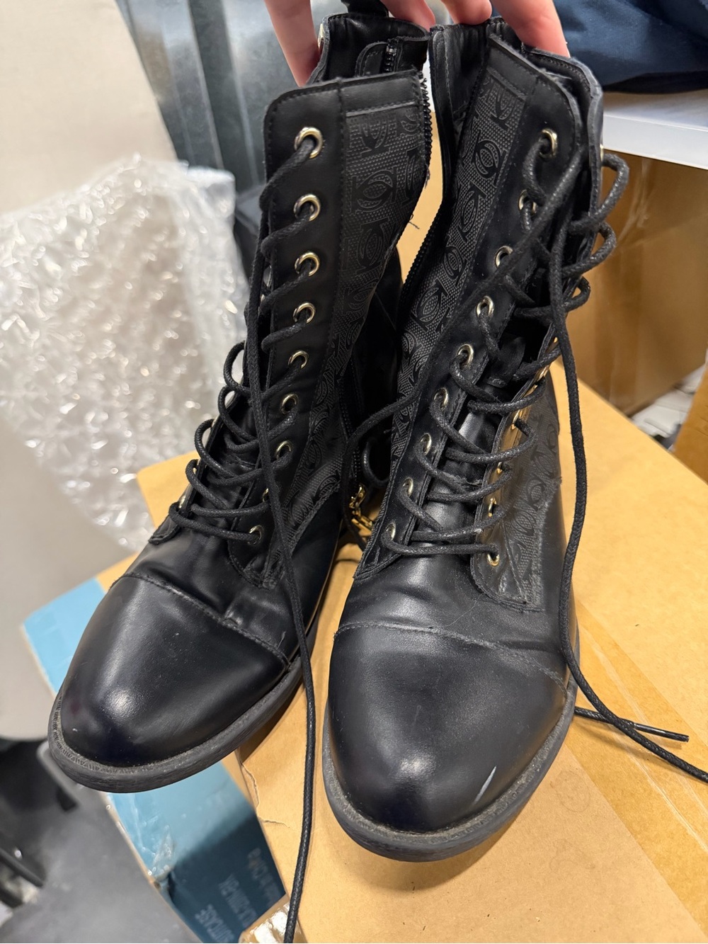 bebe Black Lace-Up Combat Boots with Logo Side Panels